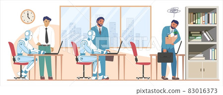 Fired employee leaving office, robots working on computers, vector illustration. AI superiority. Human staff reduction. Fired employee leaving office, robots working on computers, vector illustration. AI superiority. Human staff reduction. 83016373