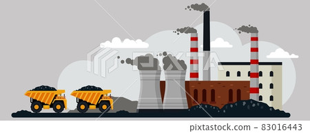Dump trucks transporting coal to mining and processing plant. Mining industry, flat vector illustration. 83016443