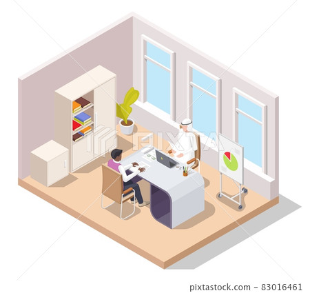 Arab muslim businessman working at office, vector isometric illustration. Office situation, workplace. 83016461