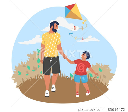 Happy dad walking with son in park, flat vector illustration. Parent child relationship, parenting. Father day activity. 83016472