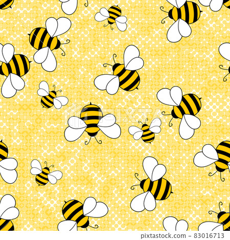Seamless pattern with bees on color polka dots background. Small wasp. Vector illustration. Adorable cartoon character. Template design for invitation, cards, textile, fabric. Doodle style Seamless pattern with bees on color polka dots background. Small wasp. Vector illustration. Adorable cartoon character. Template design for invitation, cards, textile, fabric. Doodle style 83016713
