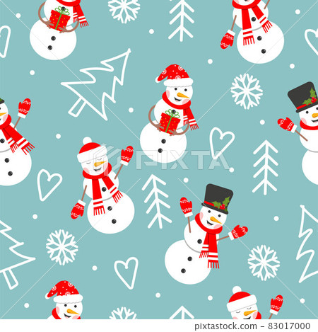 Seamless pattern with happy snowman, tree, snowflake. Symbol of the Christmas holidays, flat vector illustration 83017000