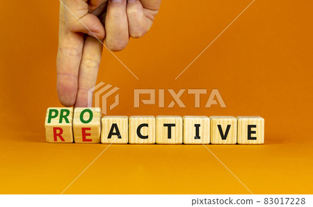 Reactive or proactive symbol. Businessman turns wooden cubes and changes the word reactive to proactive. Business and reactive or proactive concept. Beautiful orange background, copy space. 83017228