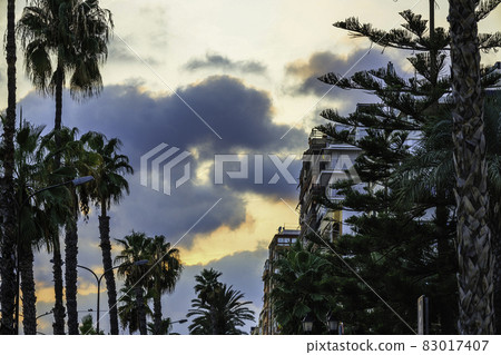 beautiful sunset with holiday apartments and tropical plants beautiful sunset with holiday apartments and tropical plants 83017407