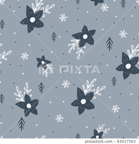 Christmas and New Year symbols seamless pattern with poinsettia. Vector cute print. Digital paper. Desig element. 83017563