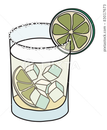 Tommy's Margarita classic New Era cocktail in tumbler glass. Tequila based drink garnished slice of lime and salty rim. Stylish doodle cartoon vector illustration good for cards, menu decoration 83017673