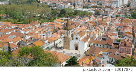 Aerial view of Tomar cityscape and Praca da Republica, Church of Saint John the Baptist, from Tomar Castle, Portugal 83017873