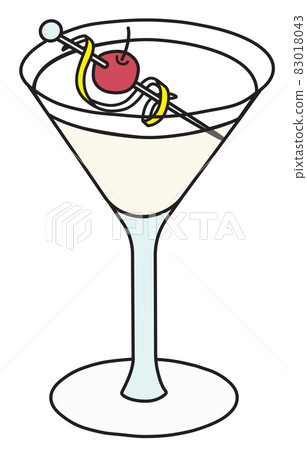 Tuxedo classic cocktail in martini glass, The Unforgettables official list. Gin and Vermouth based drink garnished with lemon twist and cherry. Stylish hand-drawn doodle cartoon vector illustration Tuxedo classic cocktail in martini glass, The Unforgettables official list. Gin and Vermouth based drink garnished with lemon twist and cherry. Stylish hand-drawn doodle cartoon vector illustration 83018043