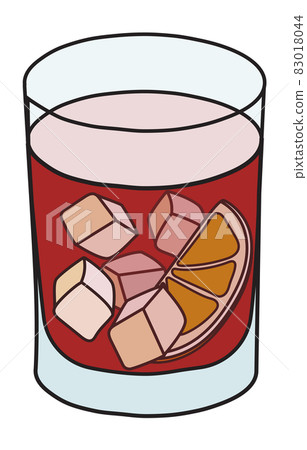 Negroni classic cocktail in tumbler glass, The Unforgettables official list. Gin and Campari based red drink on the rocks, garnished with orange. Stylish doodle cartoon vector illustration 83018044