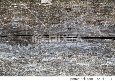 old gray dry wooden board with nails macro texture and background 83018295