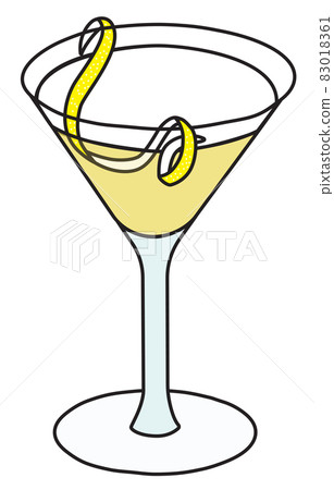 Gibson Martini variation cocktail in specific glass. Gin and Scotch Whiskey based drink garnished with lemon twist. Stylish doodle cartoon vector illustration good for cards, menu decoration, posters 83018361