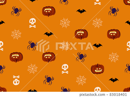 Bright seamless pattern with pumpkins, skulls and spiders. Festive autumn decoration for Halloween. Holiday October background for paper print, textile and design Bright seamless pattern with pumpkins, skulls and spiders. Festive autumn decoration for Halloween. Holiday October background for paper print, textile and design 83018401