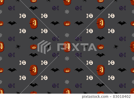 Bright dark seamless pattern with pumpkins, skulls, bats and spiders. Festive autumn decoration for Halloween. Holiday October background for paper print, textile and design Bright dark seamless pattern with pumpkins, skulls, bats and spiders. Festive autumn decoration for Halloween. Holiday October background for paper print, textile and design 83018402