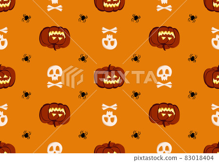 Bright seamless pattern with pumpkins, skulls and spiders. Festive autumn decoration for Halloween. Holiday October background for paper print, textile and design Bright seamless pattern with pumpkins, skulls and spiders. Festive autumn decoration for Halloween. Holiday October background for paper print, textile and design 83018404