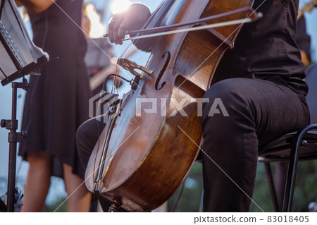Male musician playing cello in orchestra on the street Male musician playing cello in orchestra on the street 83018405