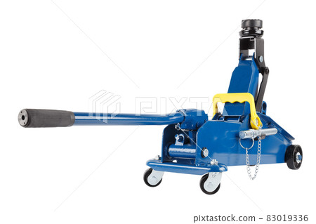 blue hydraulic car jack isolated on white background, rised up 83019336