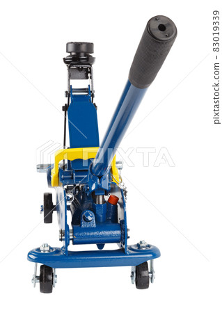 blue hydraulic car jack isolated on white background, rised up 83019339