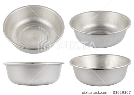 set of different views of used bare aluminuim basin isolated on white background 83019367