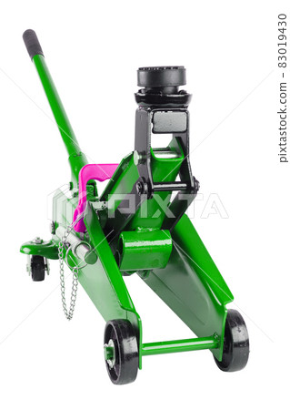 green hydraulic car jack isolated on white background, lifted up green hydraulic car jack isolated on white background, lifted up 83019430
