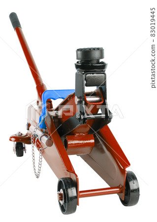 red hydraulic car jack isolated on white background, rised up red hydraulic car jack isolated on white background, rised up 83019445