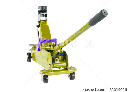 yellow hydraulic car jack isolated on white background, lifted up yellow hydraulic car jack isolated on white background, lifted up 83019626