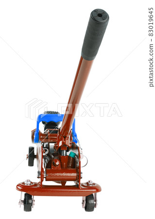 red hydraulic car jack isolated on white background, lowered red hydraulic car jack isolated on white background, lowered 83019645