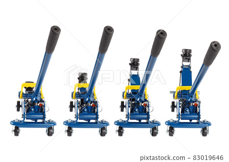 set of isolated blue hydraulic car jacks on white background raised in different heights set of isolated blue hydraulic car jacks on white background raised in different heights 83019646