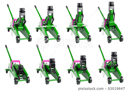 set of isolated green hydraulic car jacks on white background raised in different heights set of isolated green hydraulic car jacks on white background raised in different heights 83019647