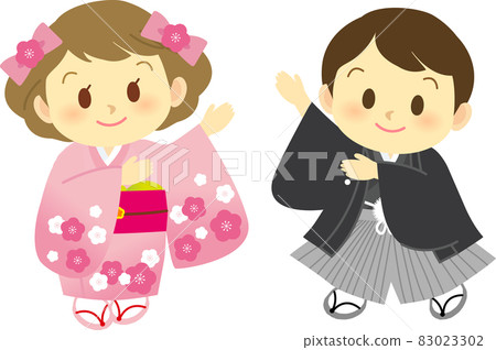 Illustration material: A cute person in a kimono, no main line, a male and female couple in a kimono and a remarkable pose 83023302