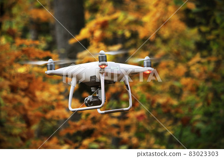 Flying drone in autumn yellow forest environment 83023303