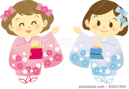 Illustration material: Standing figure of two girls in furisode with a smiling smile, no main line, pink x blue 83023305