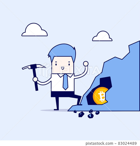 Businessman mining for bitcoin, Cartoon character thin line style vector. Businessman mining for bitcoin, Cartoon character thin line style vector. 83024489