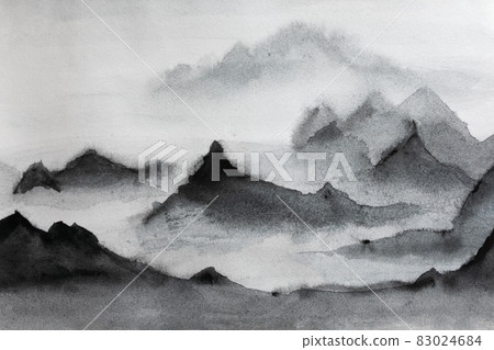 Monochrome picture of mountains in watercolour. Fog in background adds some mystery. Monochrome picture of mountains in watercolour. Fog in background adds some mystery. 83024684