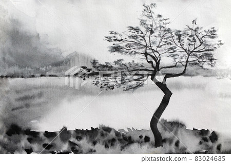 Watercolor picture of mystery landscape of lake, coast and tree in black and white tone 83024685