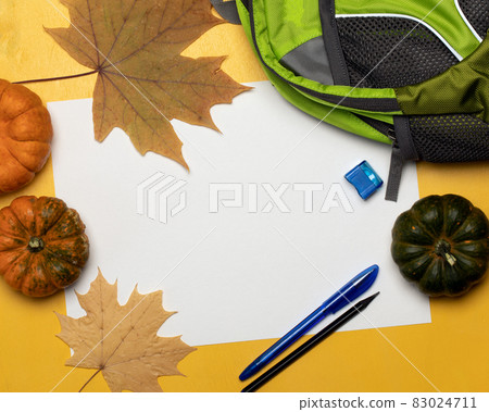 Filled school backpack with stationery, pumpkins and autumn leaves on yellow background with copy space Filled school backpack with stationery, pumpkins and autumn leaves on yellow background with copy space 83024711