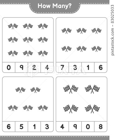 Counting game, how many Racing Flags. Educational children game, printable worksheet, vector illustration Counting game, how many Racing Flags. Educational children game, printable worksheet, vector illustration 83025033