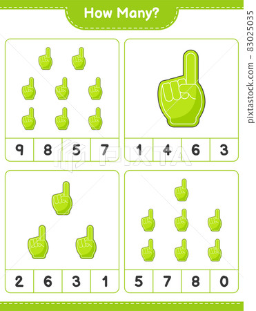 Counting game, how many Foam Finger. Educational children game, printable worksheet, vector illustration Counting game, how many Foam Finger. Educational children game, printable worksheet, vector illustration 83025035