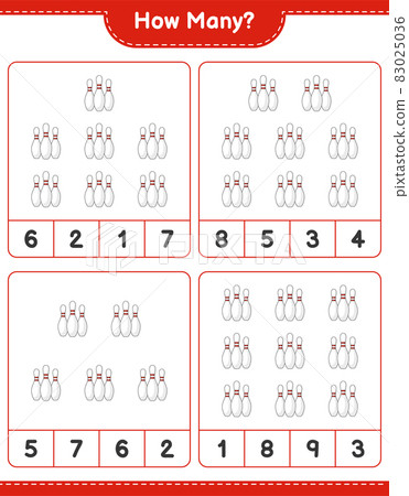 Counting game, how many Bowling Pin. Educational children game, printable worksheet, vector illustration Counting game, how many Bowling Pin. Educational children game, printable worksheet, vector illustration 83025036