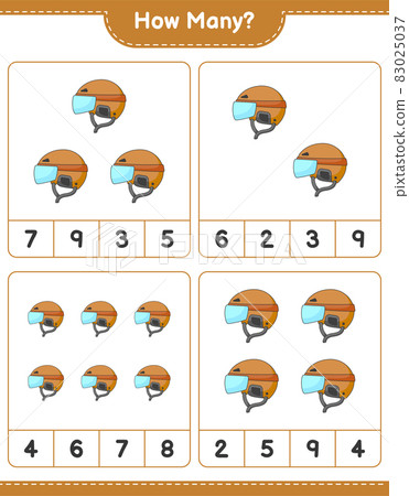 Counting game, how many Hockey Helmet. Educational children game, printable worksheet, vector illustration Counting game, how many Hockey Helmet. Educational children game, printable worksheet, vector illustration 83025037