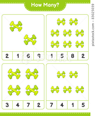 Counting game, how many Dumbbell. Educational children game, printable worksheet, vector illustration Counting game, how many Dumbbell. Educational children game, printable worksheet, vector illustration 83025039