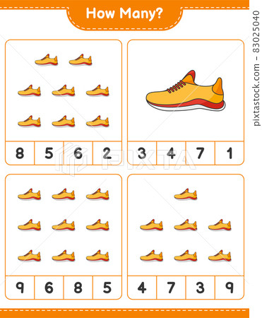Counting game, how many Running Shoes. Educational children game, printable worksheet, vector illustration 83025040