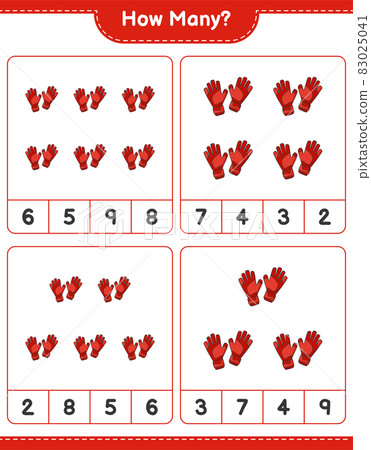 Counting game, how many Goalkeeper Gloves. Educational children game, printable worksheet, vector illustration Counting game, how many Goalkeeper Gloves. Educational children game, printable worksheet, vector illustration 83025041