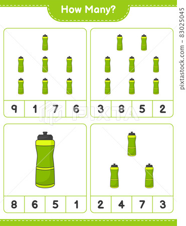 Counting game, how many Sport Water Bottle. Educational children game, printable worksheet, vector illustration Counting game, how many Sport Water Bottle. Educational children game, printable worksheet, vector illustration 83025045