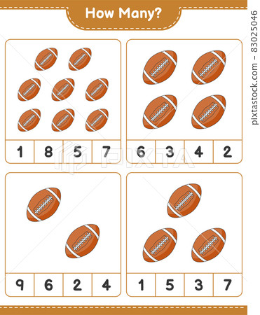 Counting game, how many Rugby Ball. Educational children game, printable worksheet, vector illustration 83025046