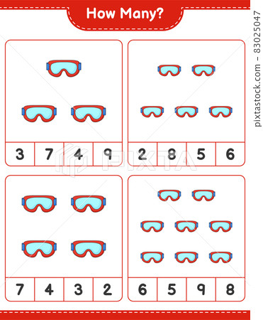 Counting game, how many Goggle. Educational children game, printable worksheet, vector illustration Counting game, how many Goggle. Educational children game, printable worksheet, vector illustration 83025047