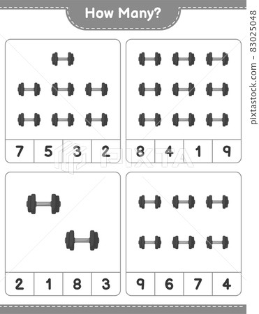 Counting game, how many Dumbbell. Educational children game, printable worksheet, vector illustration Counting game, how many Dumbbell. Educational children game, printable worksheet, vector illustration 83025048