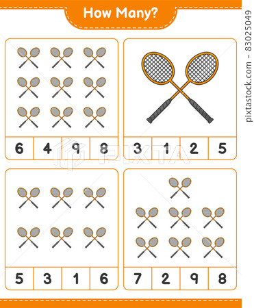 Counting game, how many Badminton Rackets. Educational children game, printable worksheet, vector illustration 83025049