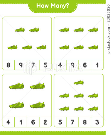 Counting game, how many Soccer Shoes. Educational children game, printable worksheet, vector illustration Counting game, how many Soccer Shoes. Educational children game, printable worksheet, vector illustration 83025050