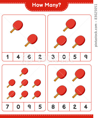 Counting game, how many Ping Pong Racket. Educational children game, printable worksheet, vector illustration Counting game, how many Ping Pong Racket. Educational children game, printable worksheet, vector illustration 83025051
