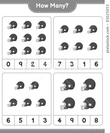 Counting game, how many Football Helmet. Educational children game, printable worksheet, vector illustration Counting game, how many Football Helmet. Educational children game, printable worksheet, vector illustration 83025053